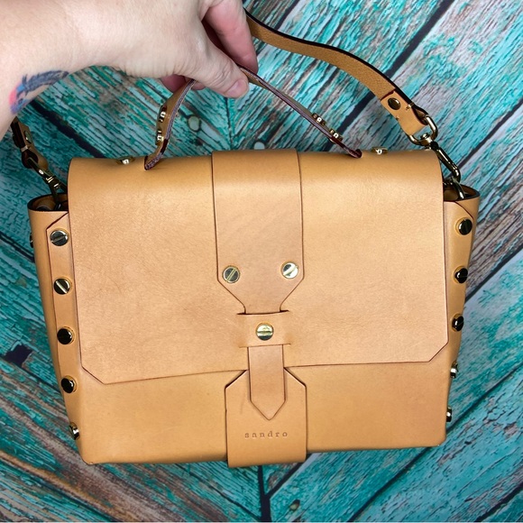 Sandro Paris Light Tan Leather Abby Cartable Leather Satchel - Picture 10 of 14